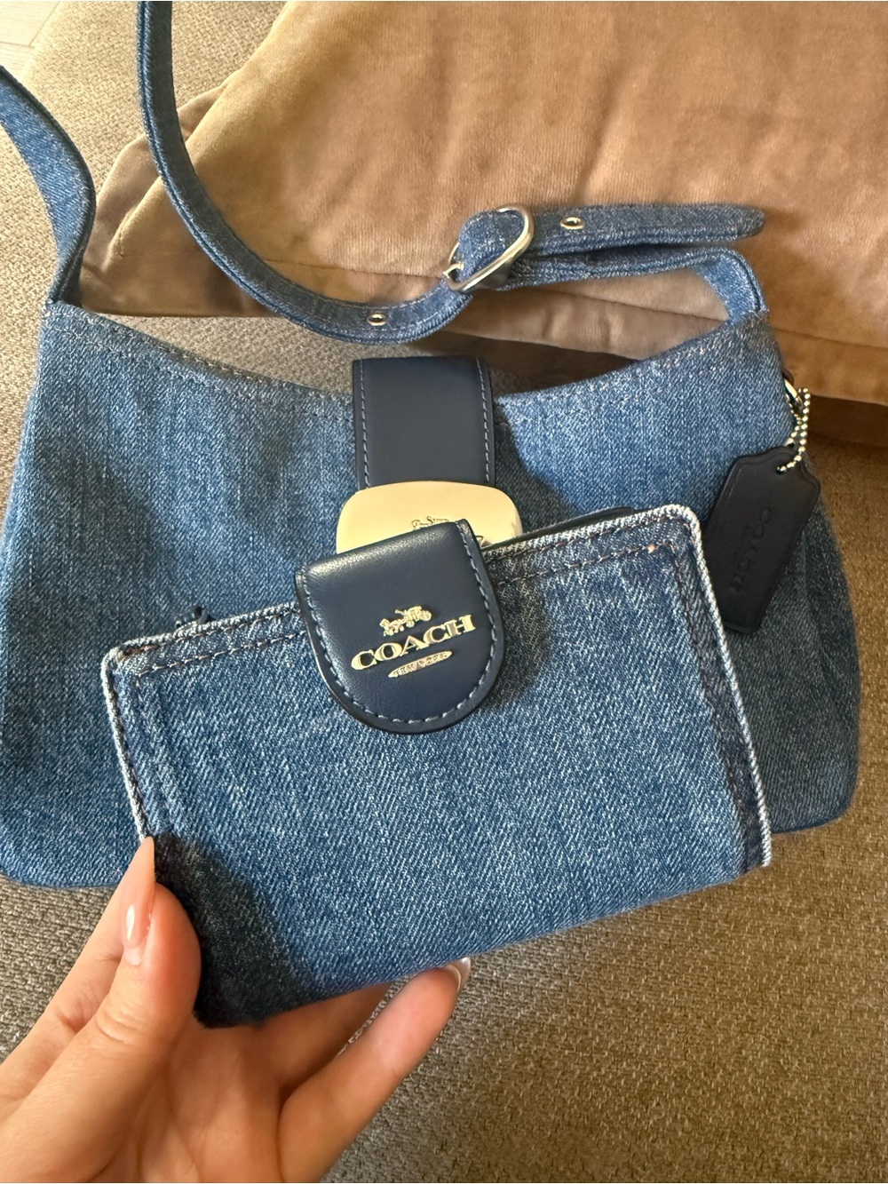 Coach Denim Shoulder Bag & Wallet with Navy Leather Trim and Silver Hardware - Picture 5 of 8